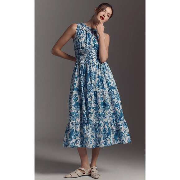 Anthropologie Sleeveless Poplin Smocked Midi Dress Size Large Petite - Picture 5 of 7